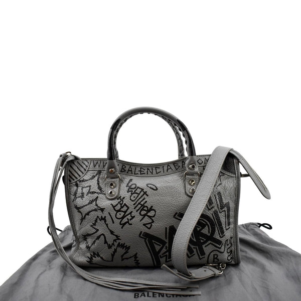 BALENCIAGA Graffiti Classic City Small Leather Top Handle Shoulder Bag Gray