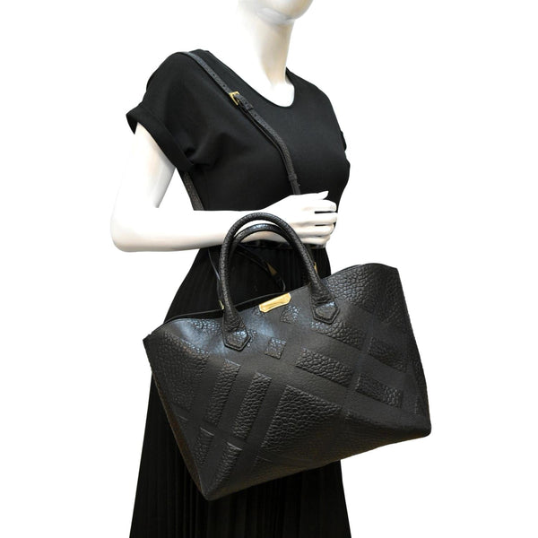 BURBERRY Dewsbury Medium Grain Check Embossed Tote Bag Black