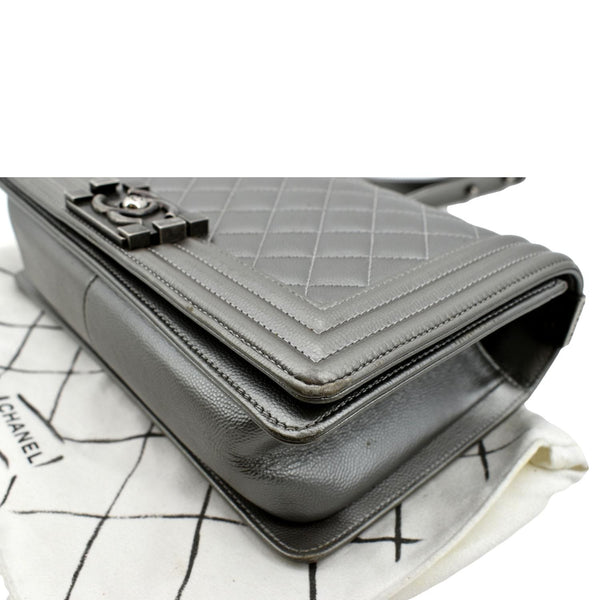 Chanel Boy Flap Caviar Leather Crossbody Bag in Grey - Bottom Right