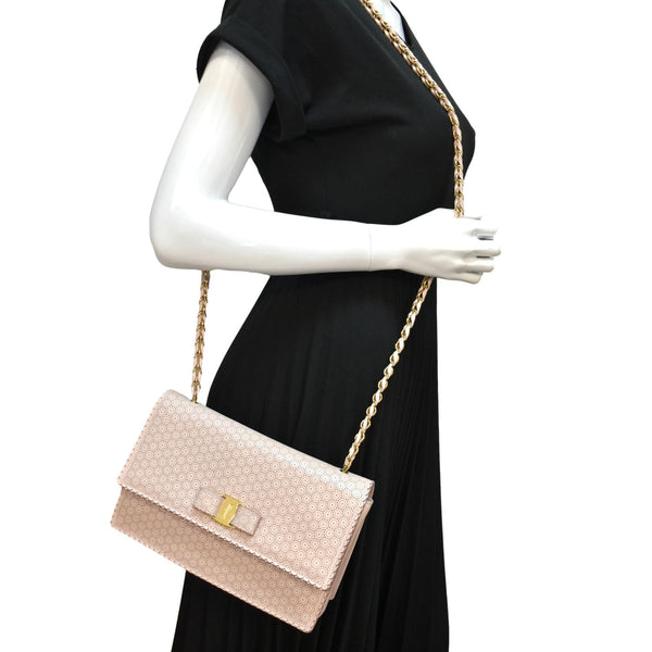 SALVATORE FERRAGAMO Vara Medium Perforated Leather Shoulder Bag Light Pink