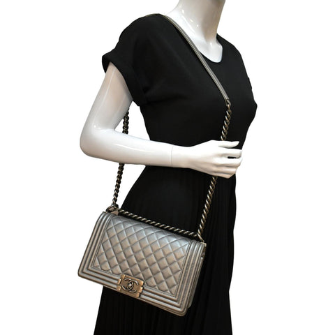 Chanel Boy Flap Caviar Leather Crossbody Bag in Grey - Full View