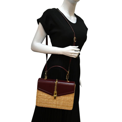 Gucci Sylvie Wicker Leather Shoulder Bag in Beige Color - Full View
