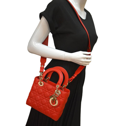CHRISTIAN DIOR MY ABCDior Small Cannage Lambskin Leather Shoulder Bag Red