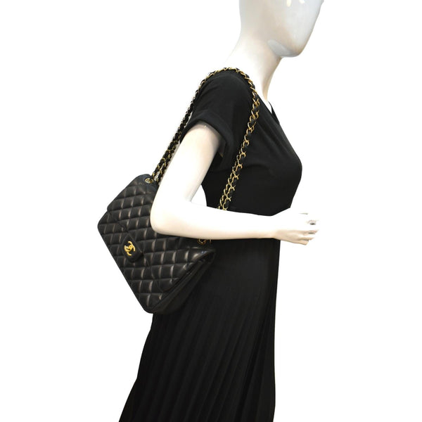 CHANEL Classic Jumbo Double Flap Lambskin Leather Shoulder Bag Black