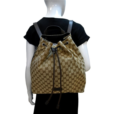 Gucci Drawstring GG Monogram Canvas Backpack Bag Beige - Full View