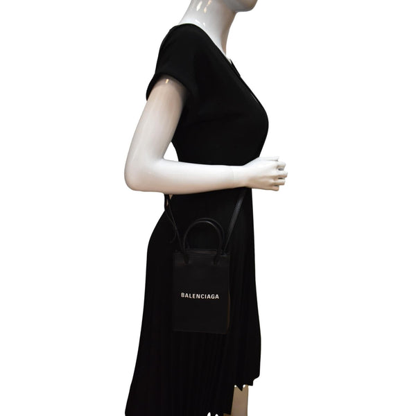 BALENCIAGA Leather Phone Holder Shopping Crossbody Bag Black