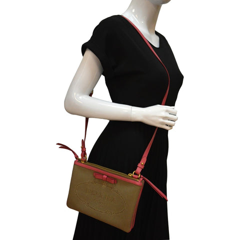 PRADA Jacquard Fabric Trim Crossbody Bag Brown