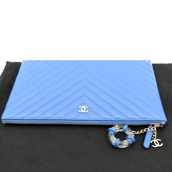 CHANEL O Case Chevron Leather Clutch Bag Blue