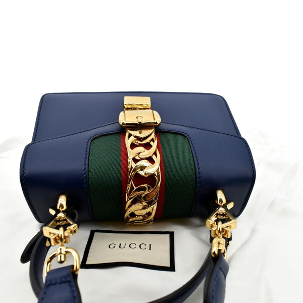 Gucci Sylvie Mini Leather Top Handle Crossbody Bag Blue - Top