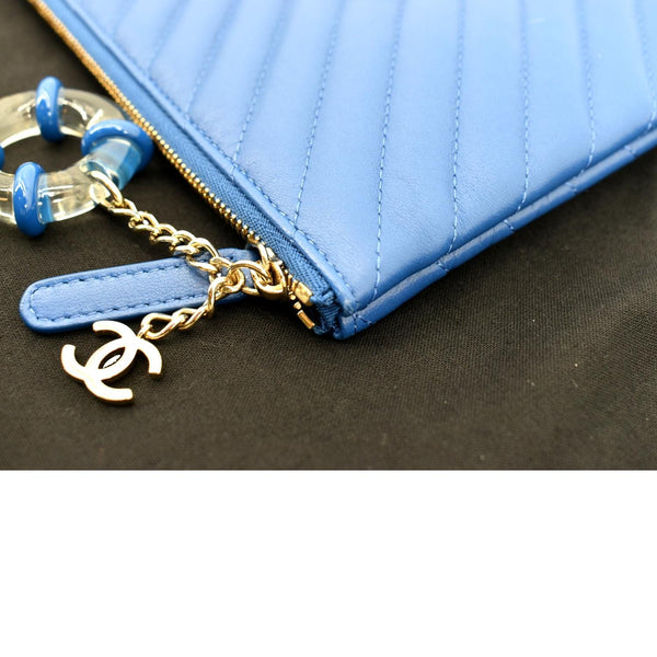 CHANEL O Case Chevron Leather Clutch Bag Blue