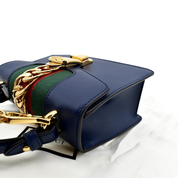 Gucci Sylvie Mini Leather Top Handle Crossbody Bag Blue - Top Left