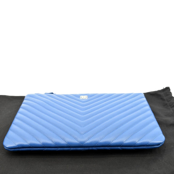 CHANEL O Case Chevron Leather Clutch Bag Blue