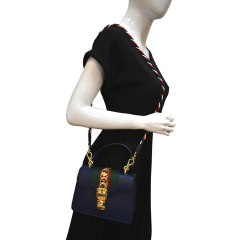 Gucci Sylvie Mini Leather Top Handle Crossbody Bag Blue - Full View