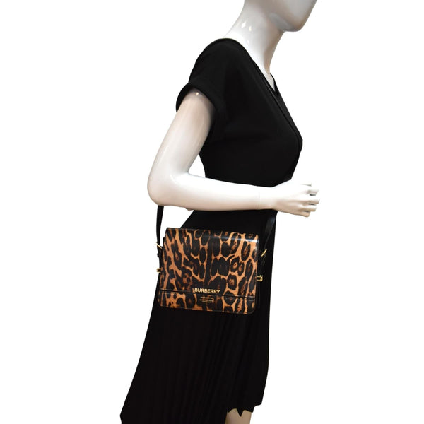 BURBERRY Grace Leopard Print Leather Shoulder Bag Multicolor
