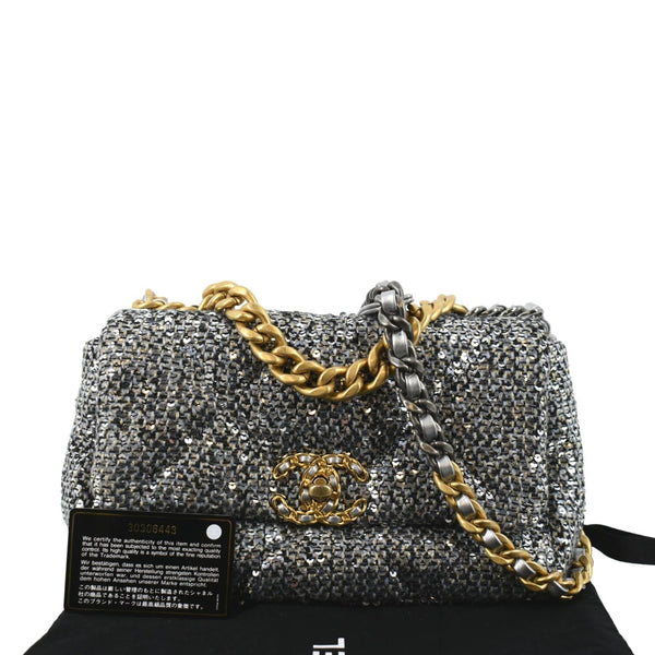 CHANEL 19 Flap Medium Sequin Shoulder Bag Silver