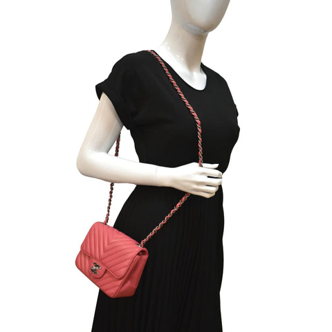 CHANEL Classic Square Mini Chevron Leather Shoulder Bag Pink