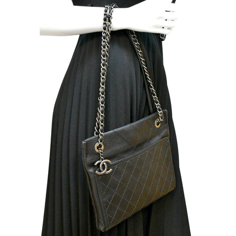 Chanel Stitched CC Pocket Leather Shoulder Bag Black - Full View