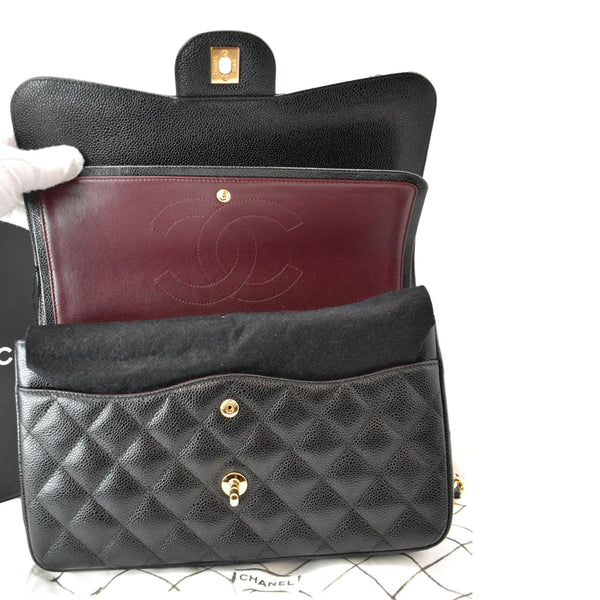 CHANEL Classic Jumbo Double Flap Caviar Leather Shoulder Bag Black