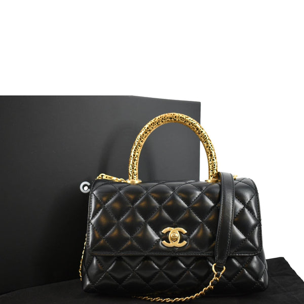 CHANEL Coco Mini Top Metal Handle Lambskin Leather Shoulder Bag Black