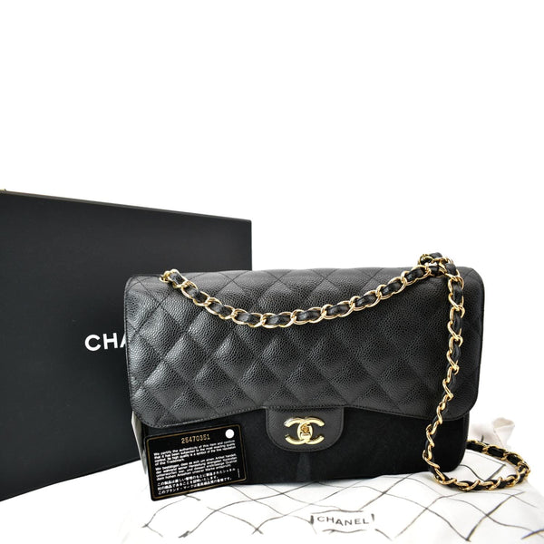 CHANEL Classic Jumbo Double Flap Caviar Leather Shoulder Bag Black