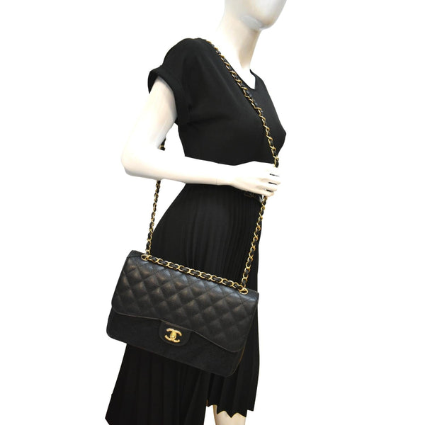 CHANEL Classic Jumbo Double Flap Caviar Leather Shoulder Bag Black