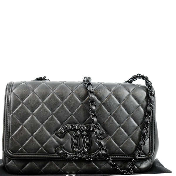 CHANEL Filigree CC Chain Around Leather Crossbody Bag Black