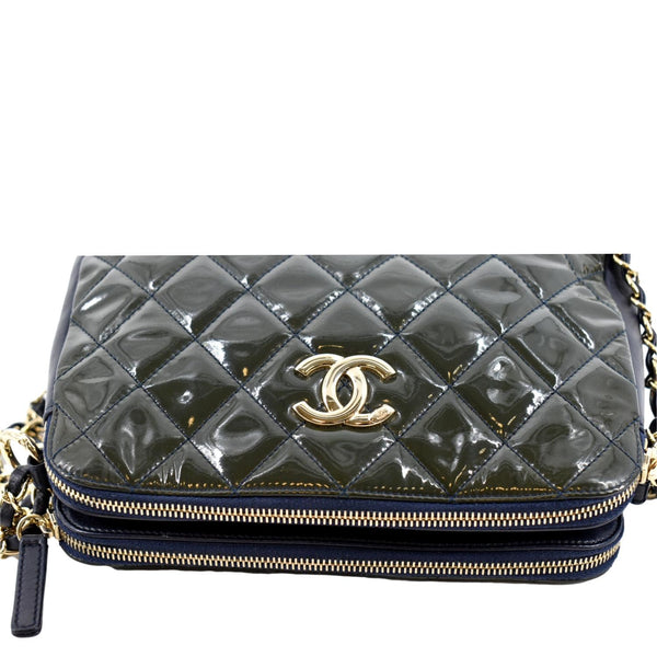 Chanel Double Zip Patent Leather Shoulder Bag Navy Blue - Top