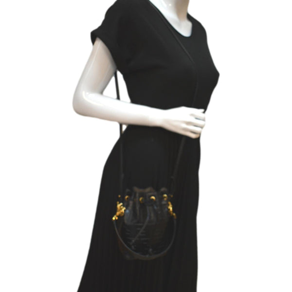 Fendi Mon Tresor Drawstring FF Leather Bucket Bag Black - Full View