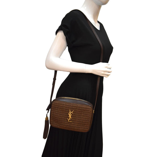YVES SAINT LAURENT Lou Camera Raffia Canvas Crossbody Bag Brown