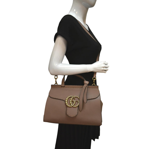 GUCCI GG Marmont Leather Top Handle Shoulder Bag Beige 421890