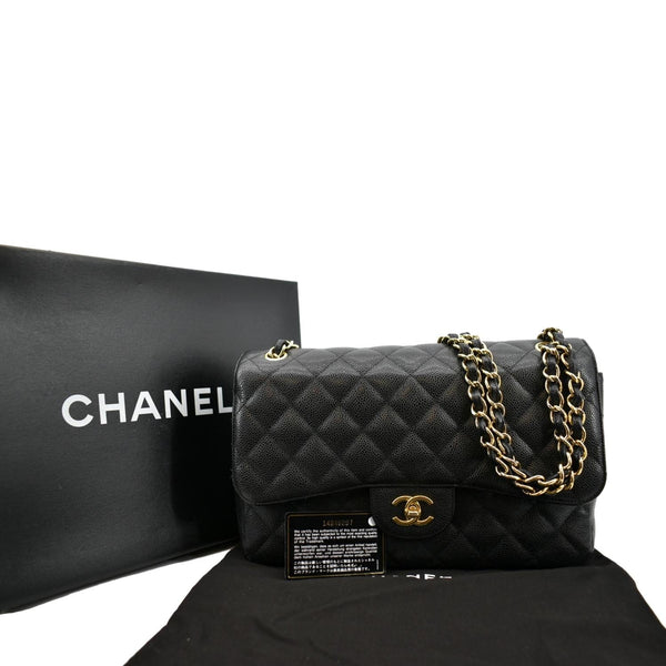 CHANEL Classic Jumbo Double Flap Caviar Leather Shoulder Bag Black