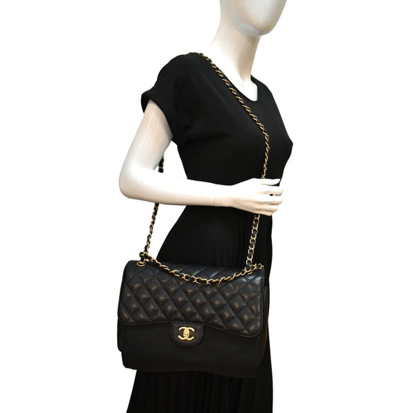 CHANEL Classic Jumbo Double Flap Caviar Leather Shoulder Bag Black