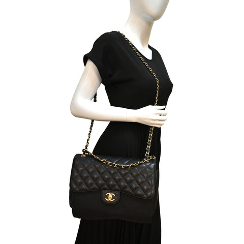 CHANEL Classic Jumbo Double Flap Caviar Leather Shoulder Bag Black