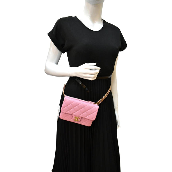 CHANEL Shiny Pick Me Up Flap Caviar Leather Belt Bag Pink