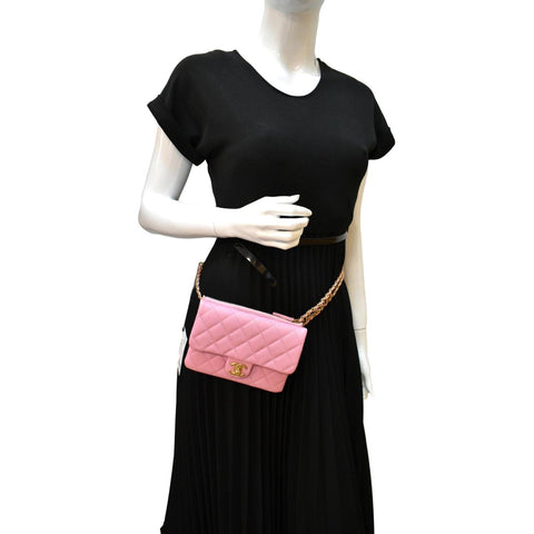 CHANEL Shiny Pick Me Up Flap Caviar Leather Belt Bag Pink