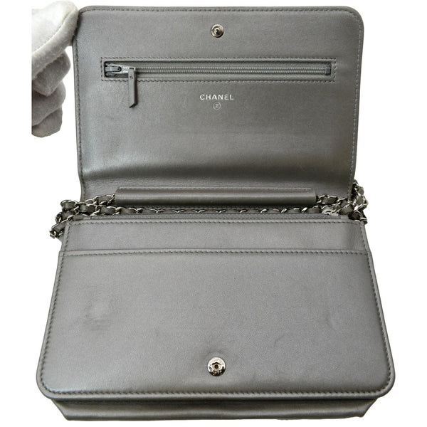 CHANEL Data Center Metallic Quilted Lambskin Wallet on Chain Gray