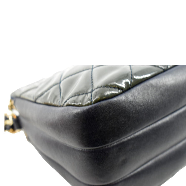 Chanel Double Zip Patent Leather Shoulder Bag Navy Blue - Bottom Left