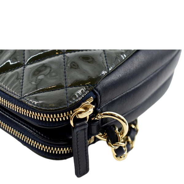 Chanel Double Zip Patent Leather Shoulder Bag Navy Blue - Top Left