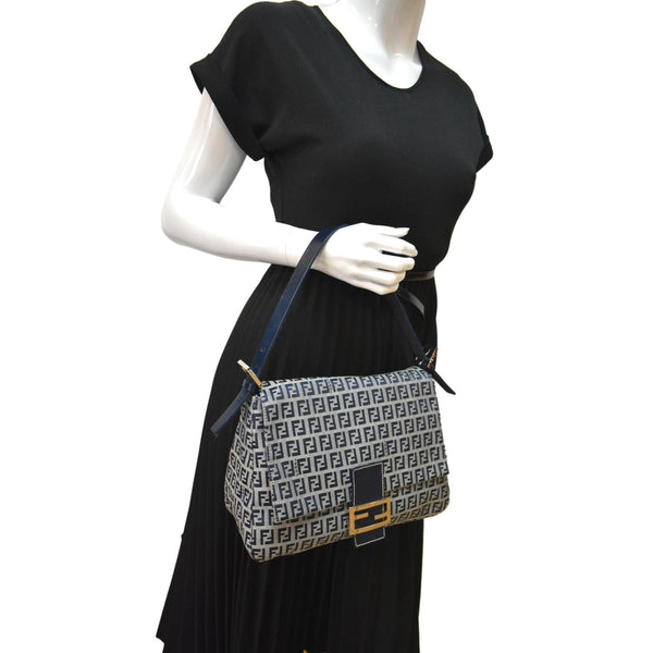 FENDI Mamma Baguette Zucca Hobo Shoulder Bag Grey