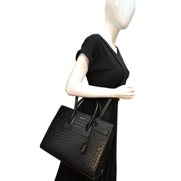 YVES SAINT LAURENT Sac de Jour Crocodile-Embossed Satchel Bag Black