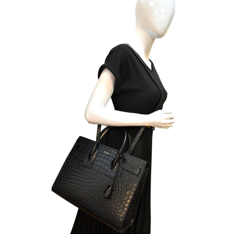 YVES SAINT LAURENT Sac de Jour Crocodile-Embossed Satchel Bag Black