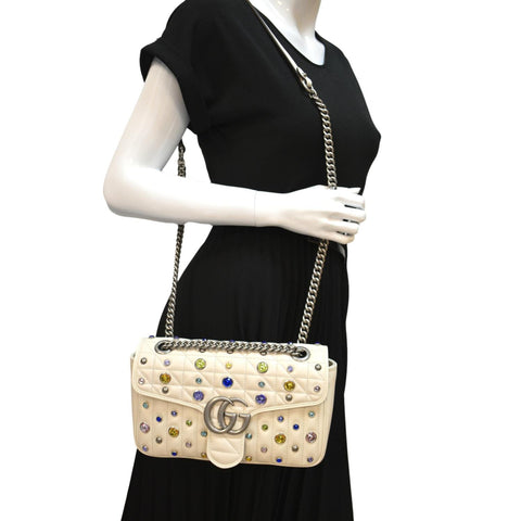 GUCCI GG Marmont Crystal-Embellished Crossbody Bag White 443497