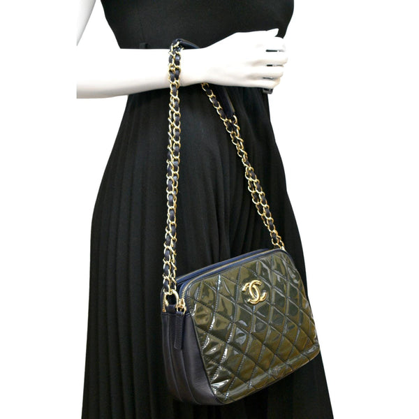 Chanel Double Zip Patent Leather Shoulder Bag Navy Blue - Full View