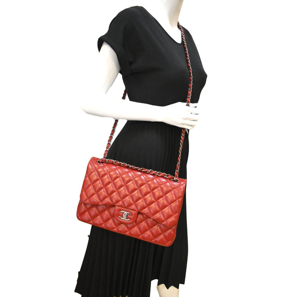 CHANEL Medium Double Flap Lambskin Leather Shoulder Bag Red