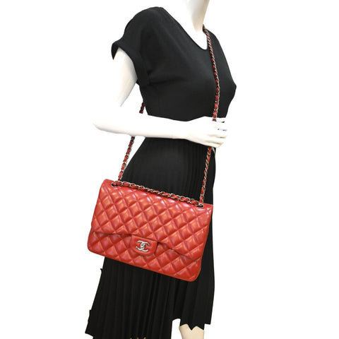 CHANEL Medium Double Flap Lambskin Leather Shoulder Bag Red