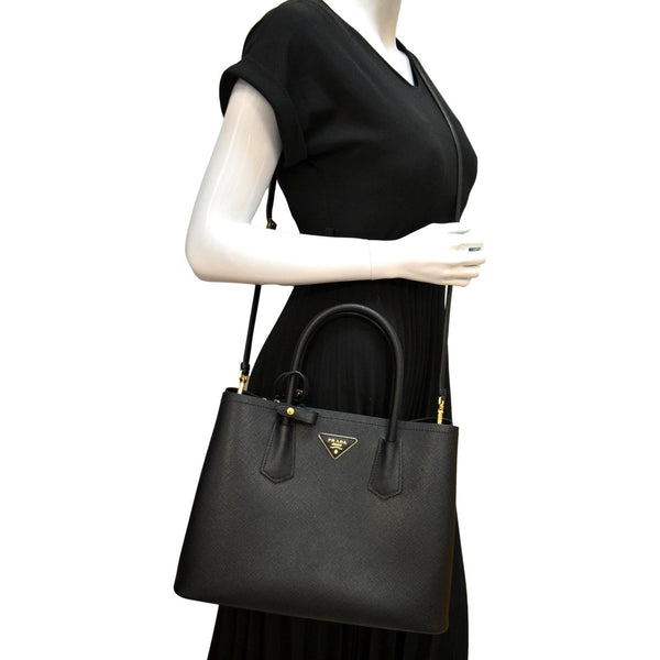Prada Double Handle Saffiano Leather Tote Bag Black - Full View