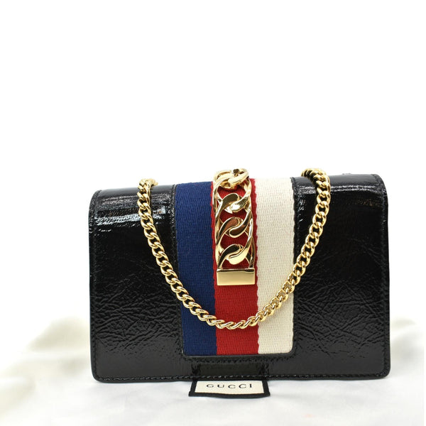 GUCCI Super Mini Sylvie Embroidered Leather Crossbody Chain Wallet Black 494646