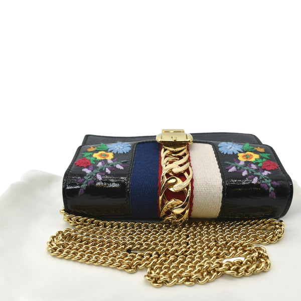 GUCCI Super Mini Sylvie Embroidered Leather Crossbody Chain Wallet Black 494646