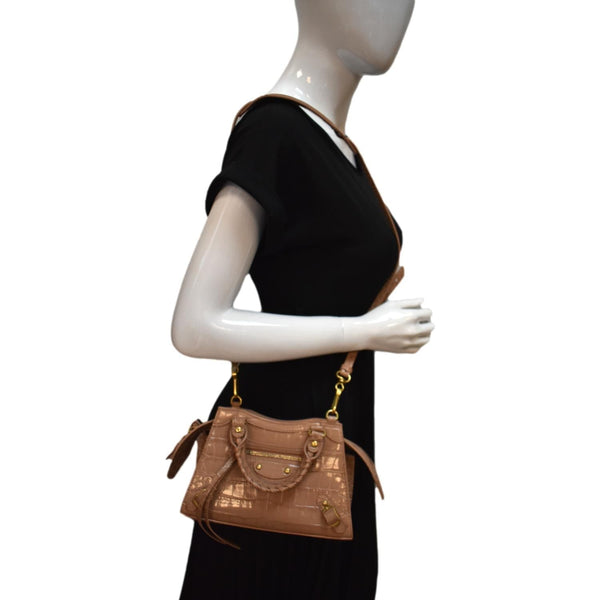 BALENCIAGA Neo Classic City Mini Croc Top Handle Shoulder Bag Brown