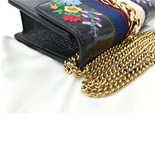 GUCCI Super Mini Sylvie Embroidered Leather Crossbody Chain Wallet Black 494646